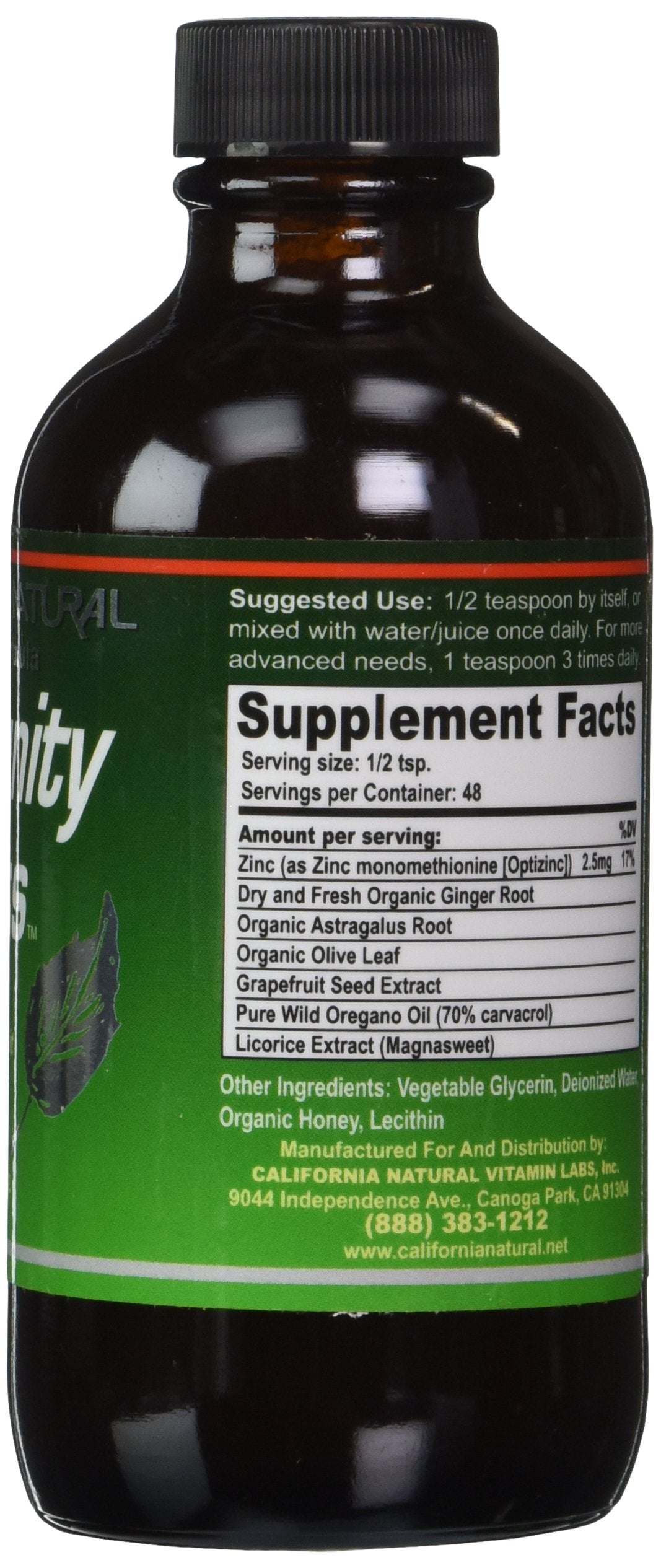 California Natural Immunity Shots label close-up highlighting oregano oil and organic ginger