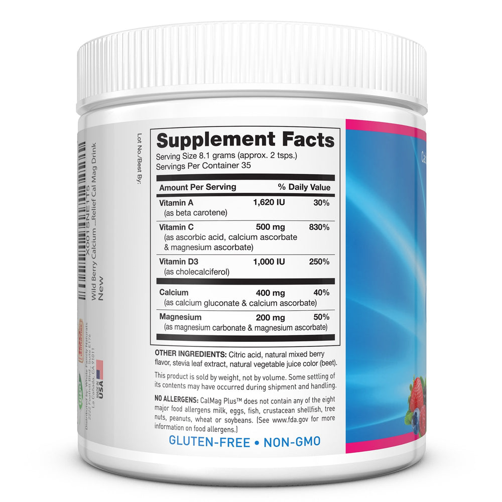CalMag Plus Wild Berry powder with natural beet juice color.