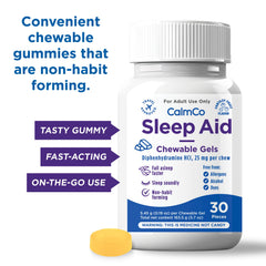 CalmCo Gummy Bites bottle label with 25 mg diphenhydramine
