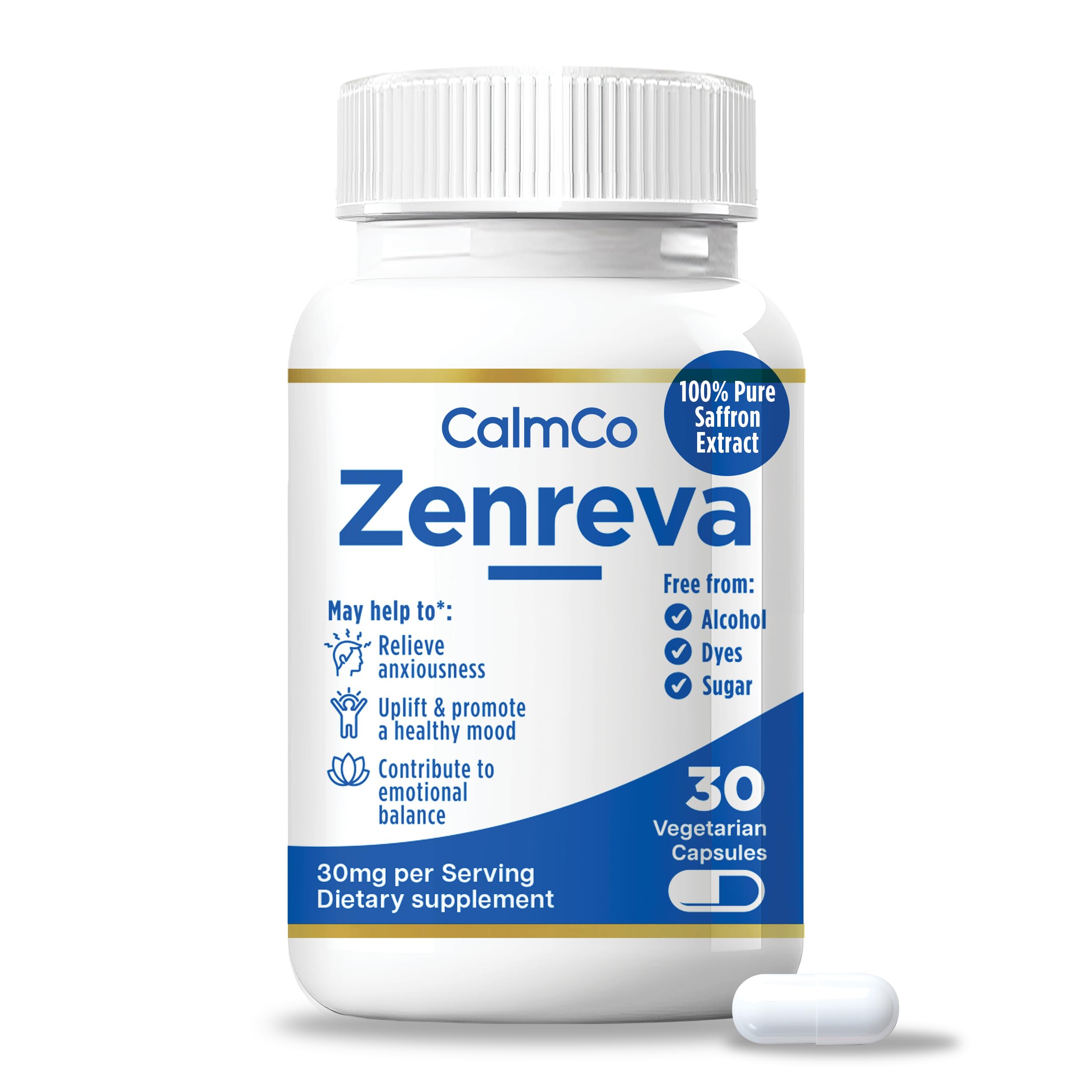 CalmCo Zenreva bottle front highlights saffron capsules for mood support.