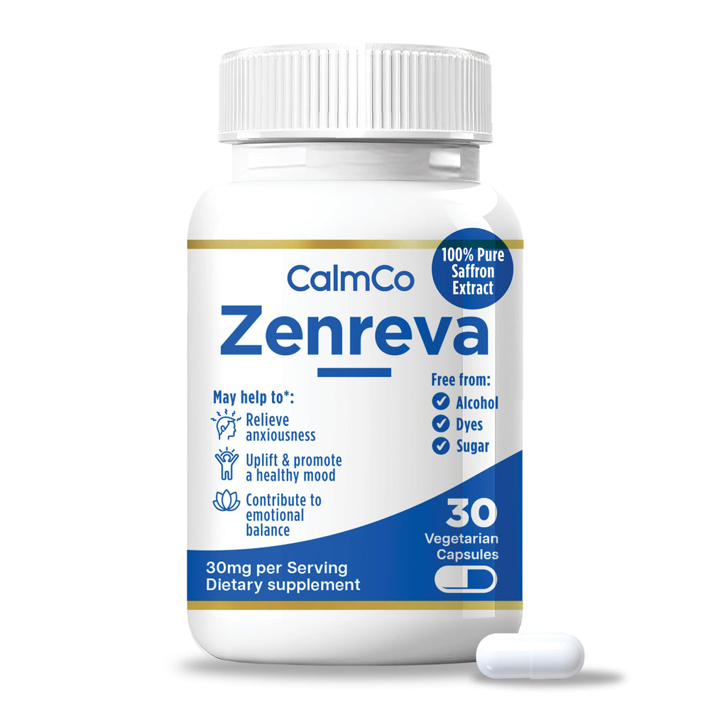 CalmCo Zenreva bottle front highlights saffron capsules for mood support.