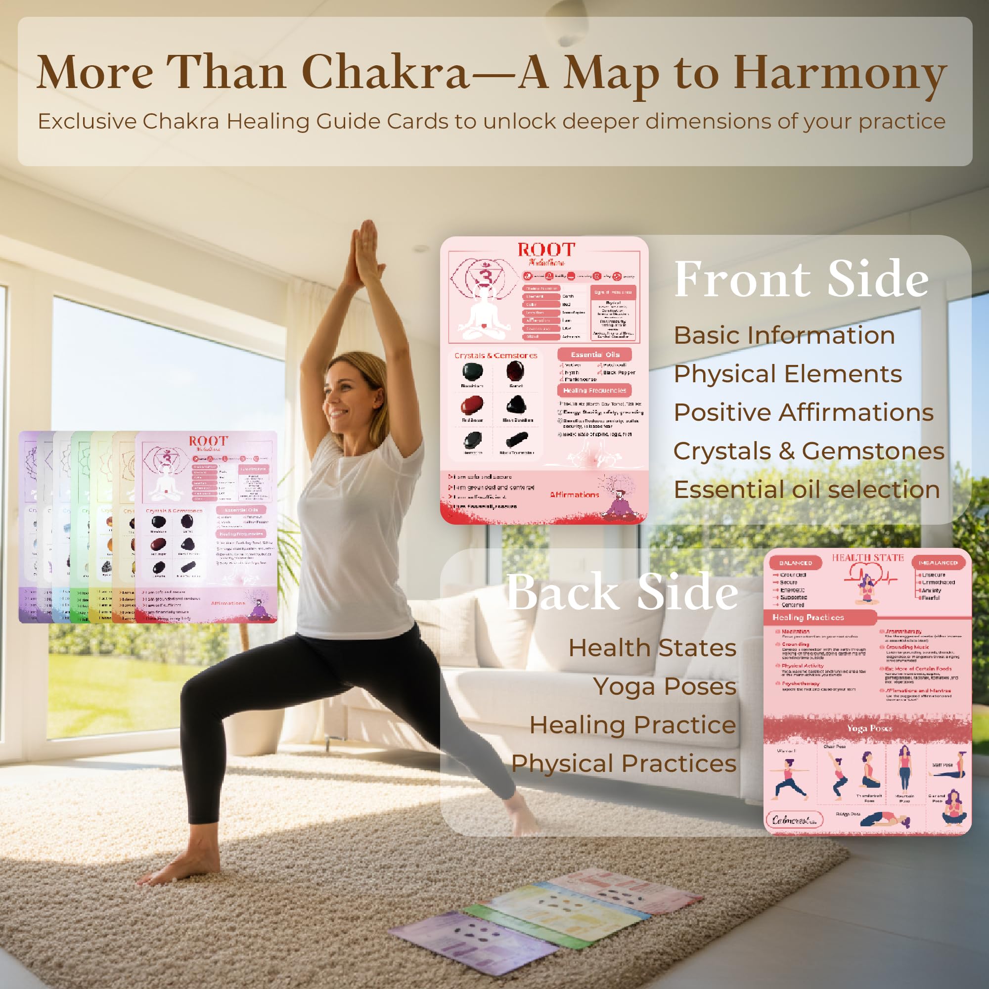 CALMCREST 7 Chakras Cards back view showing sound therapy cues, yoga poses, and mindfulness steps.