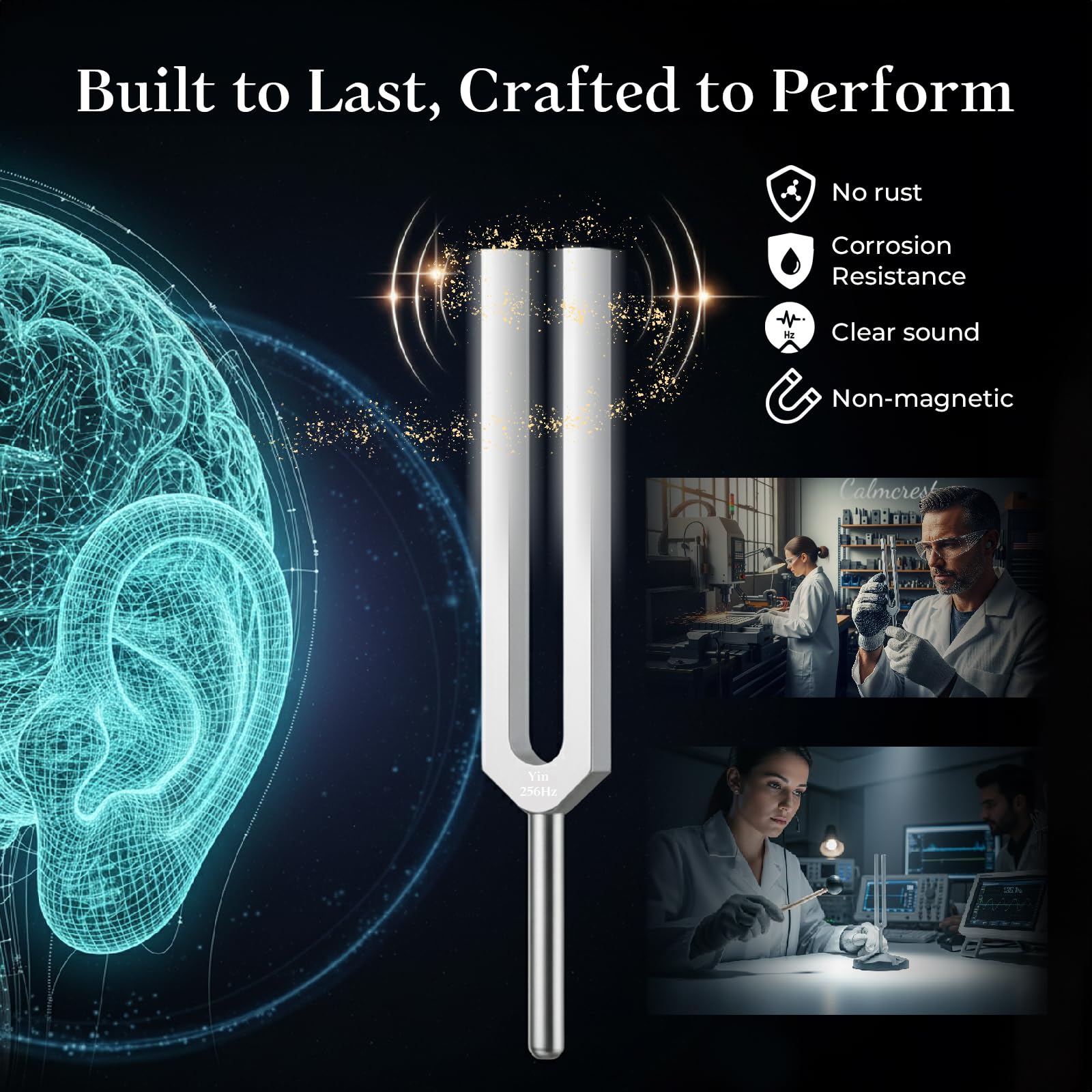CALMCREST tuning fork activator shown for smooth vibration initiation.