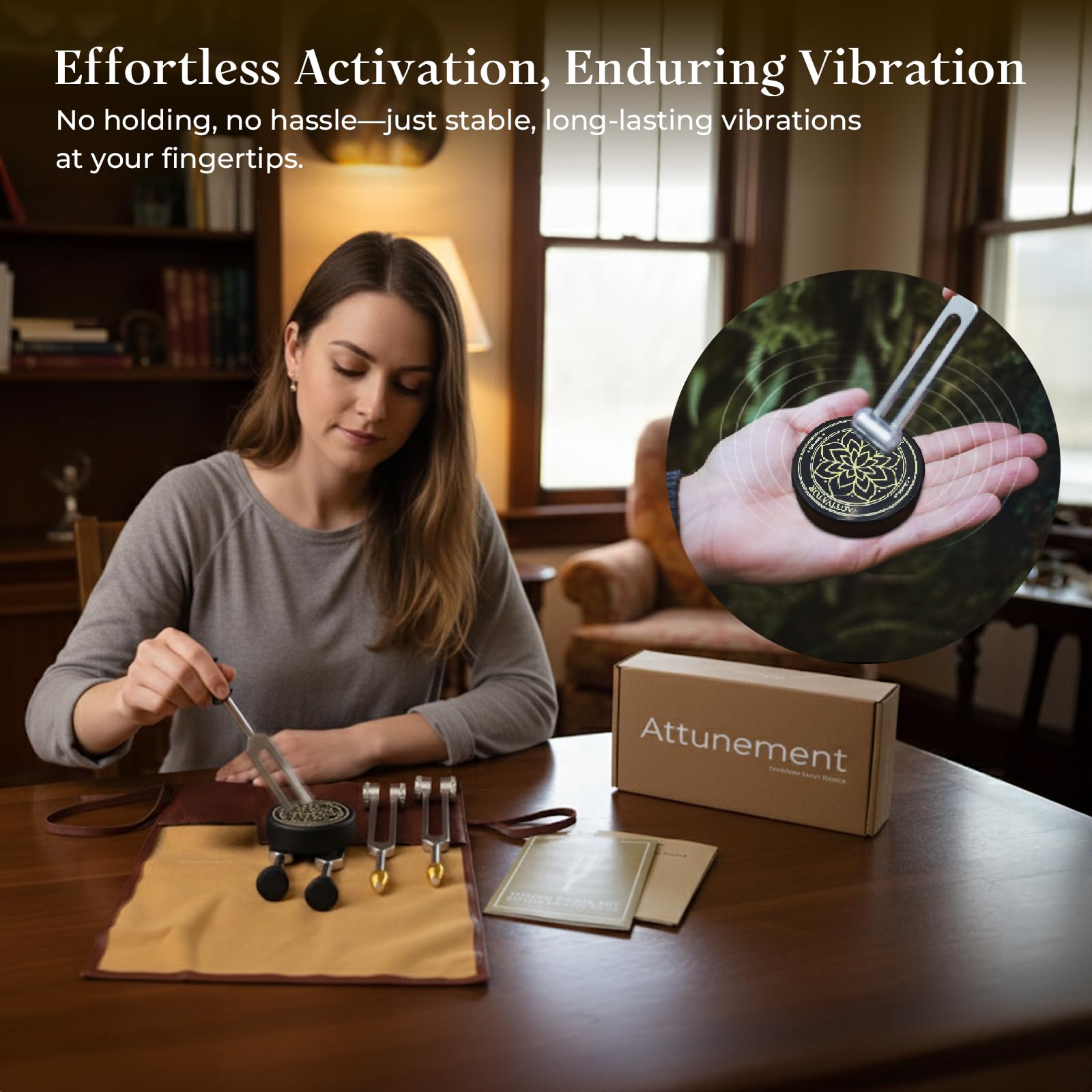 CALMCREST crystal massage base elevates fork resonance for deeper vibration.
