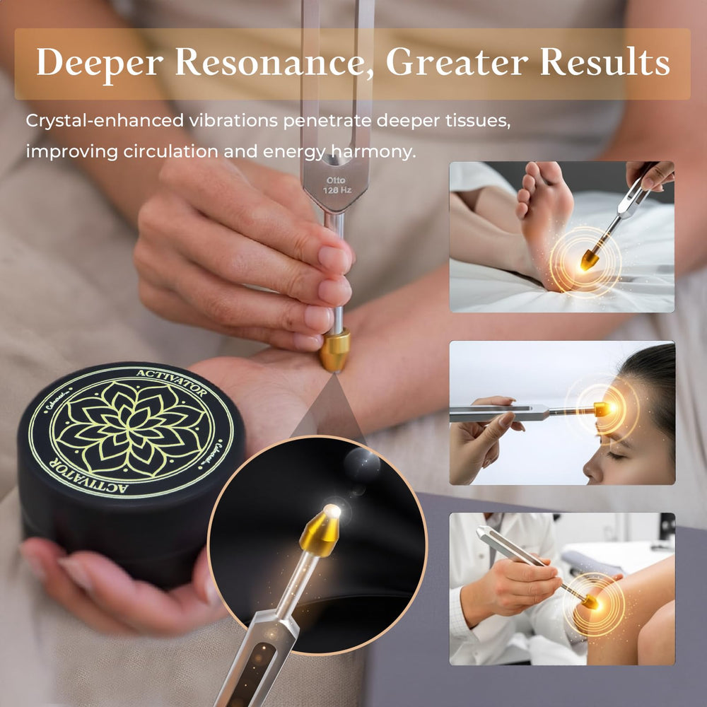 CALMCREST Yang 384Hz tuning fork with activator for guided sound therapy practice.