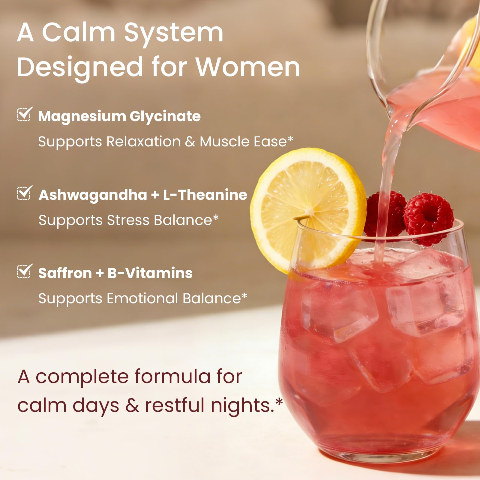CALMRest label highlights ashwagandha and saffron for mood support.
