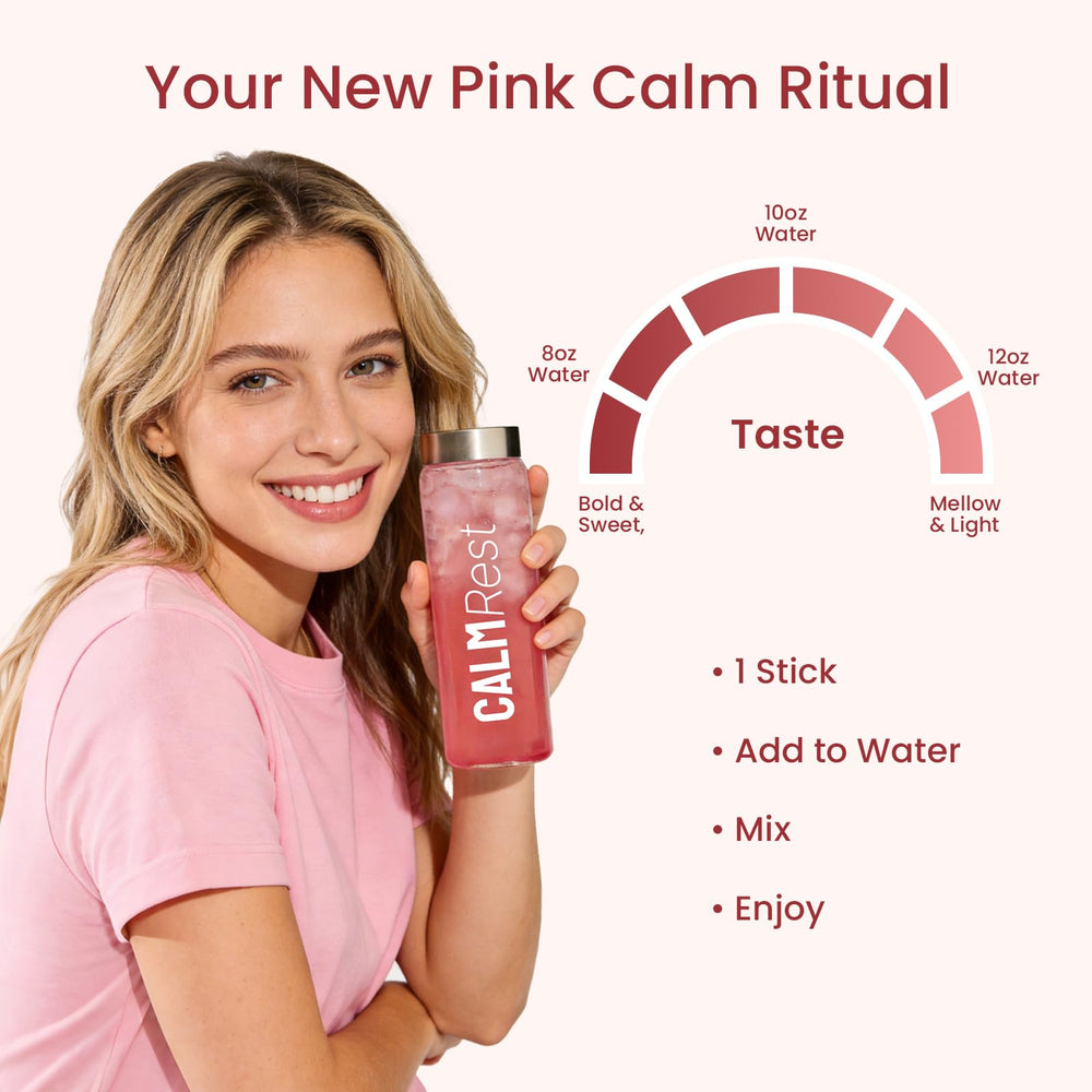Pour CALMRest powder into water to create a refreshing pink drink.