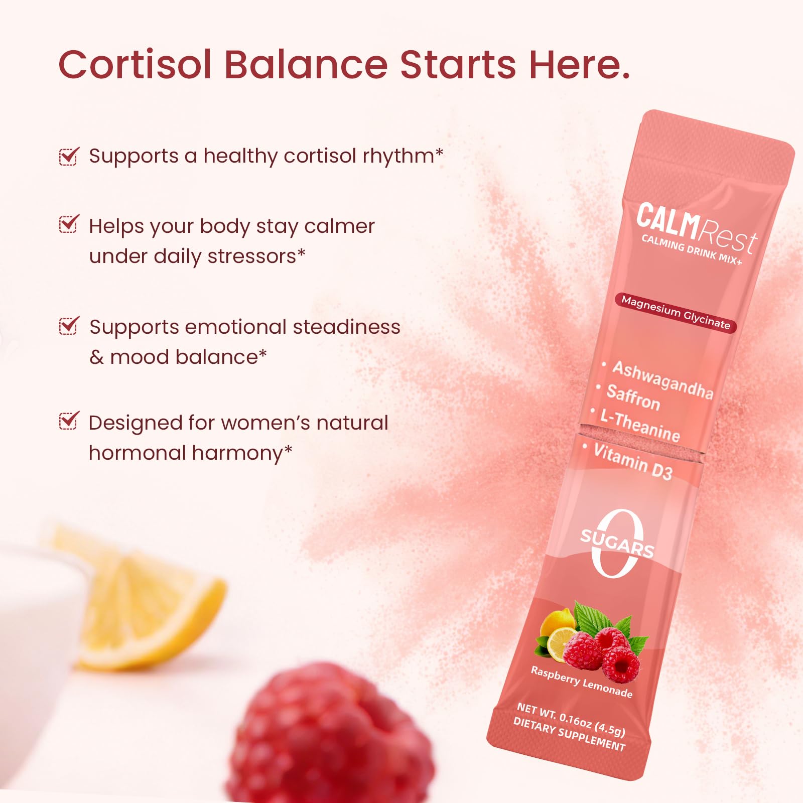 CalmRest sugar-free ingredients label communicates clean, vegan, non-GMO composition.
