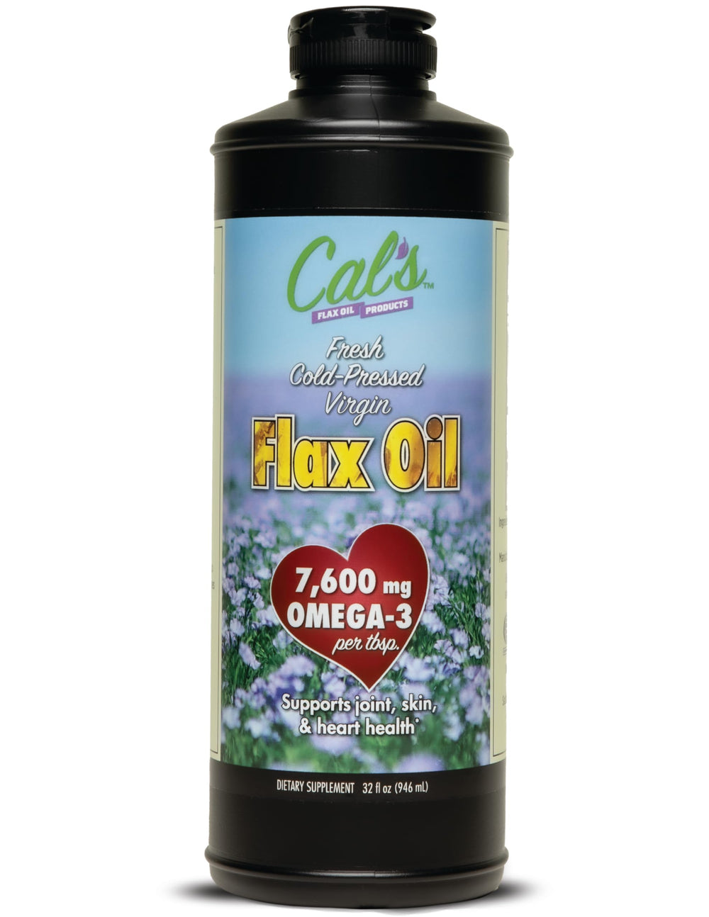 Cal's Flax Oil bottle front showing the premium cold-pressed flaxseed oil