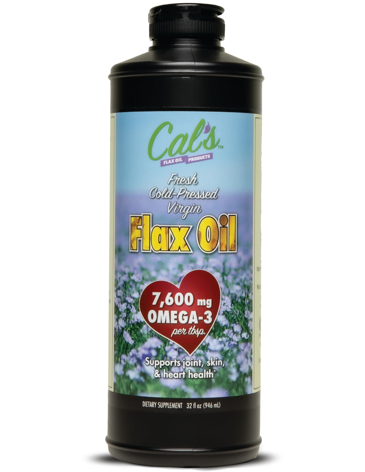 Cal's Flax Oil bottle front showing the premium cold-pressed flaxseed oil