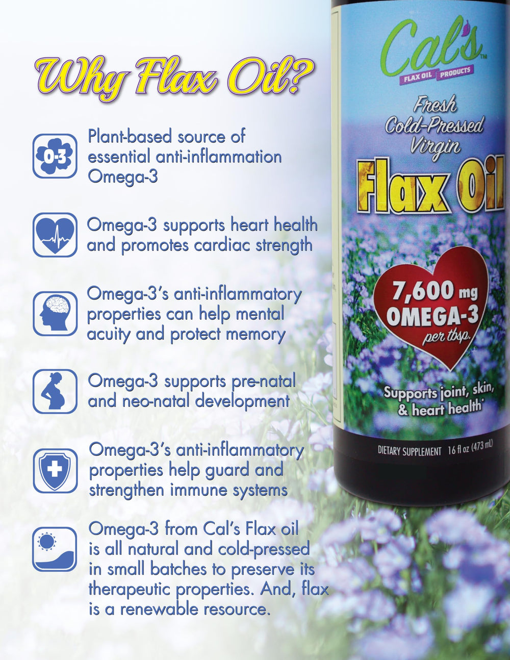 Cal's Flax Oil bottle pour for easy daily dosage in meals