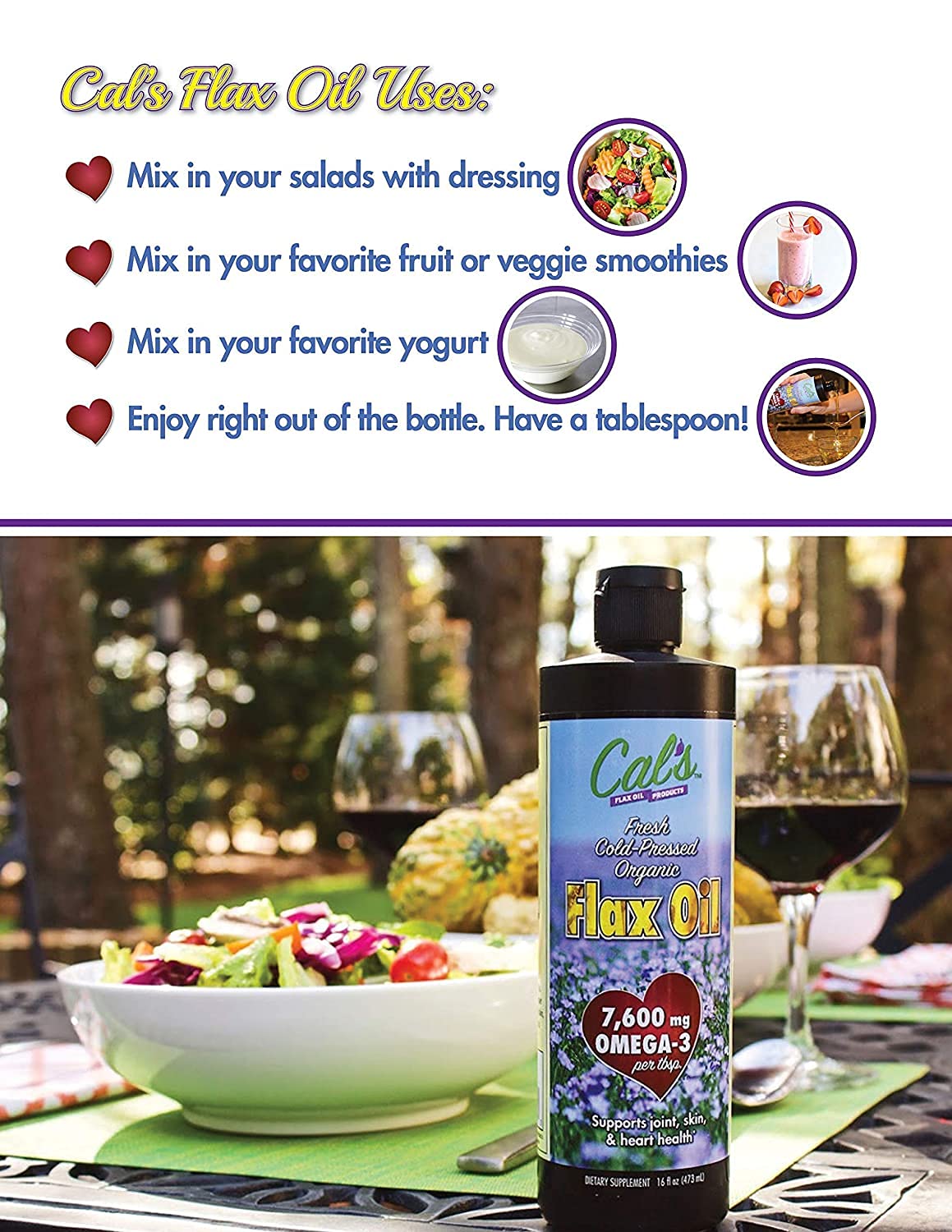 Cal's Flax Oil on the counter with a glass illustrating kitchen use