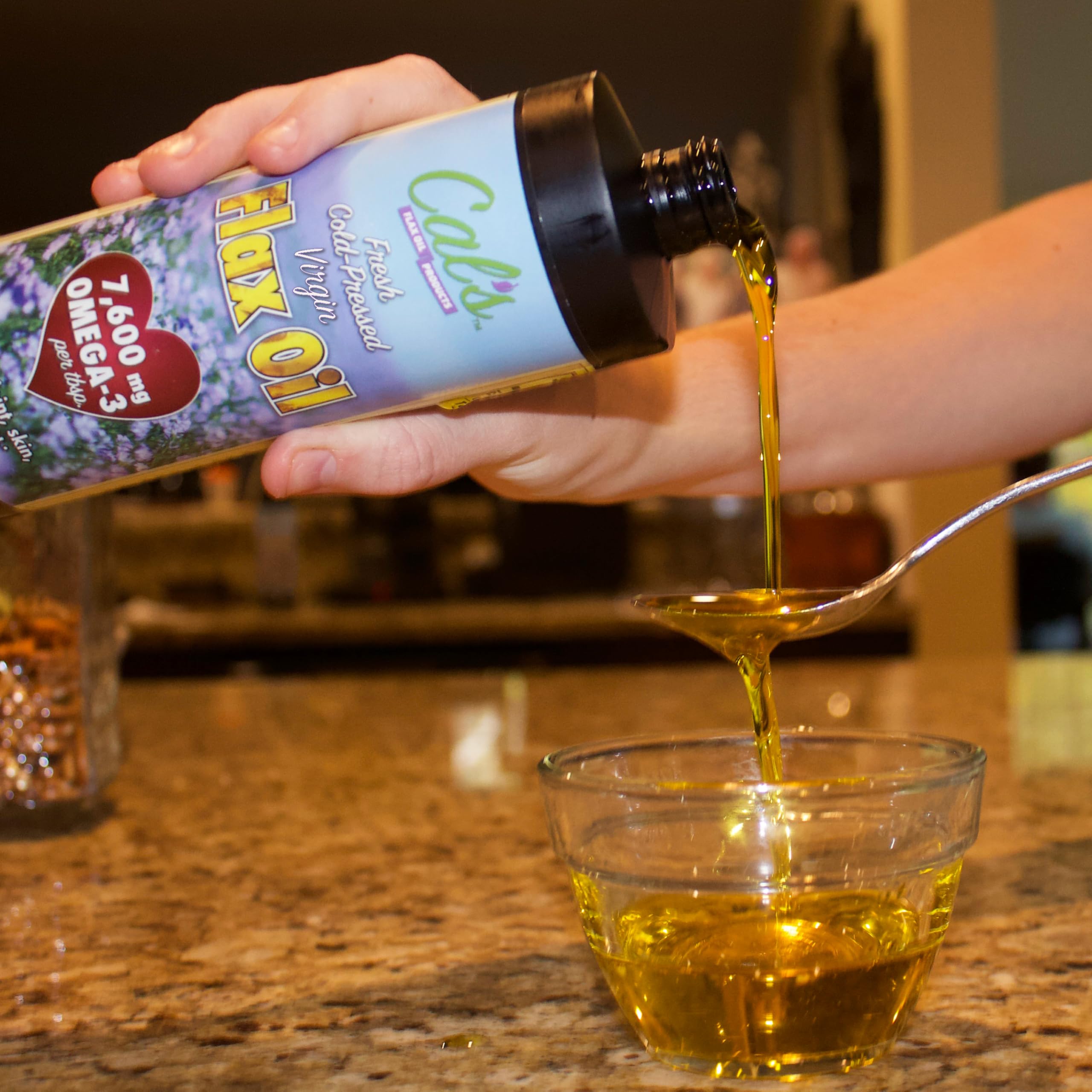 Cal's Flax Oil label closeup highlighting non-GMO and gluten-free