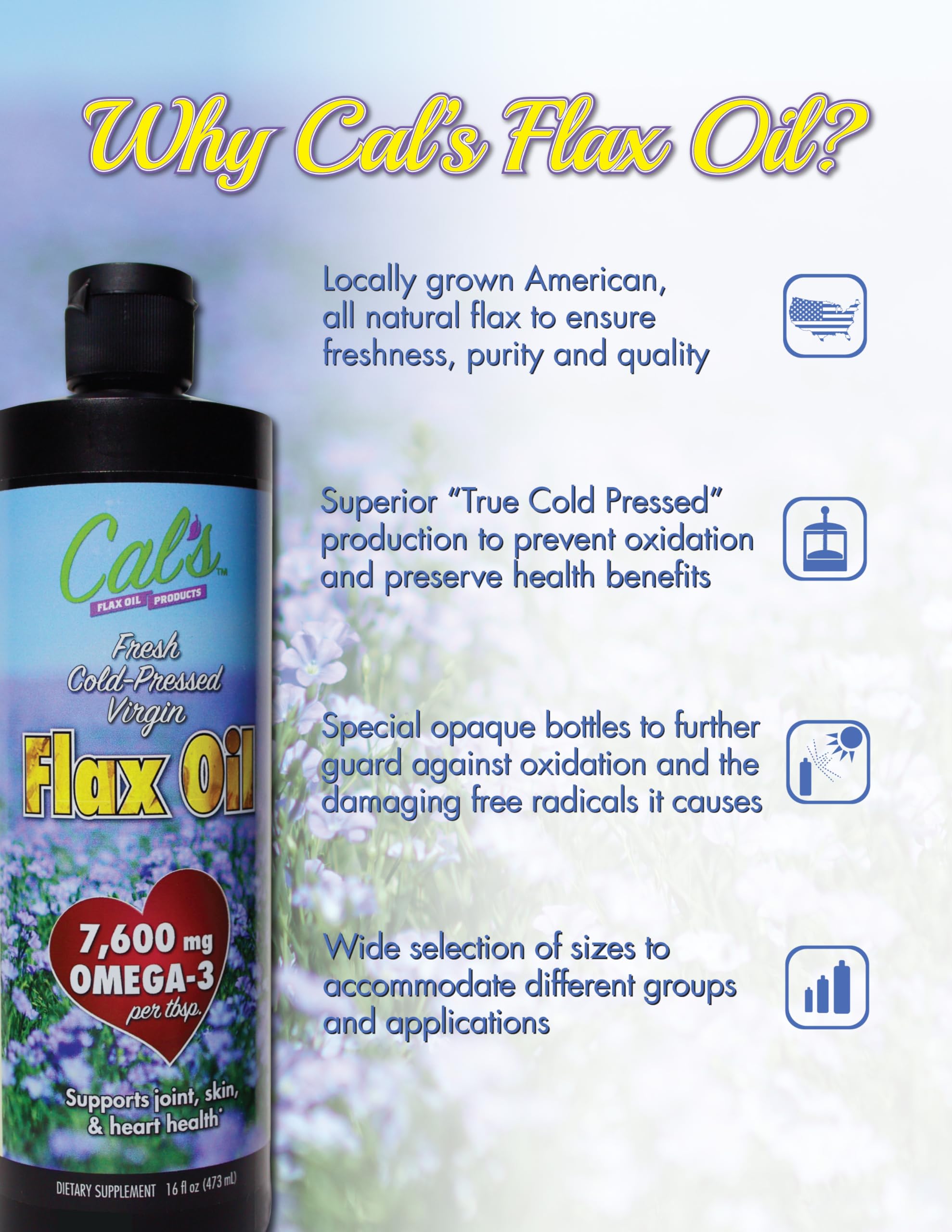 Cal's Flax Oil opaque bottle protecting freshness from light and air
