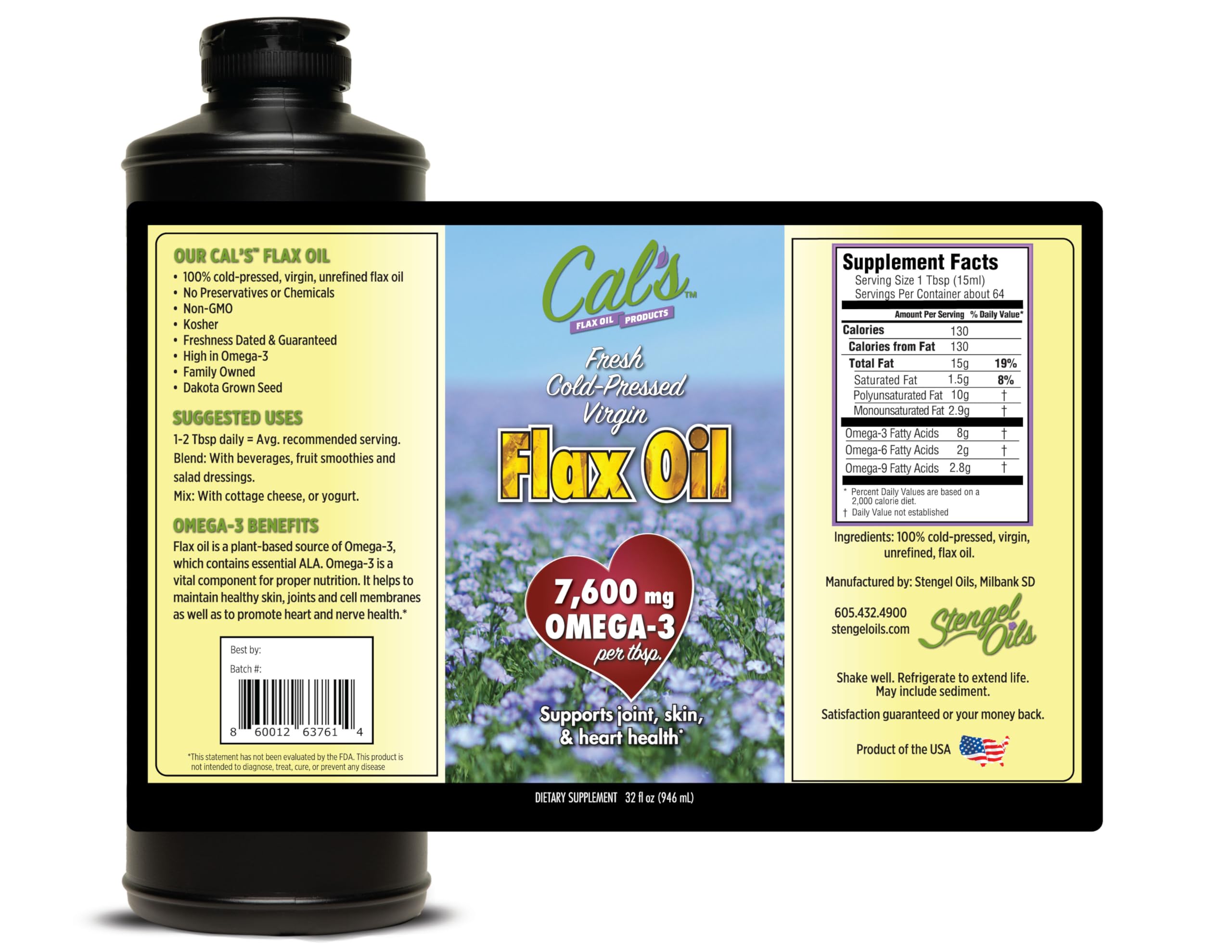 Cal's Flax Oil 32 oz size ideal for family and long-term use