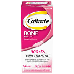 Caltrate 600 Plus D3 bottle front view highlighting calcium and vitamin D benefits.