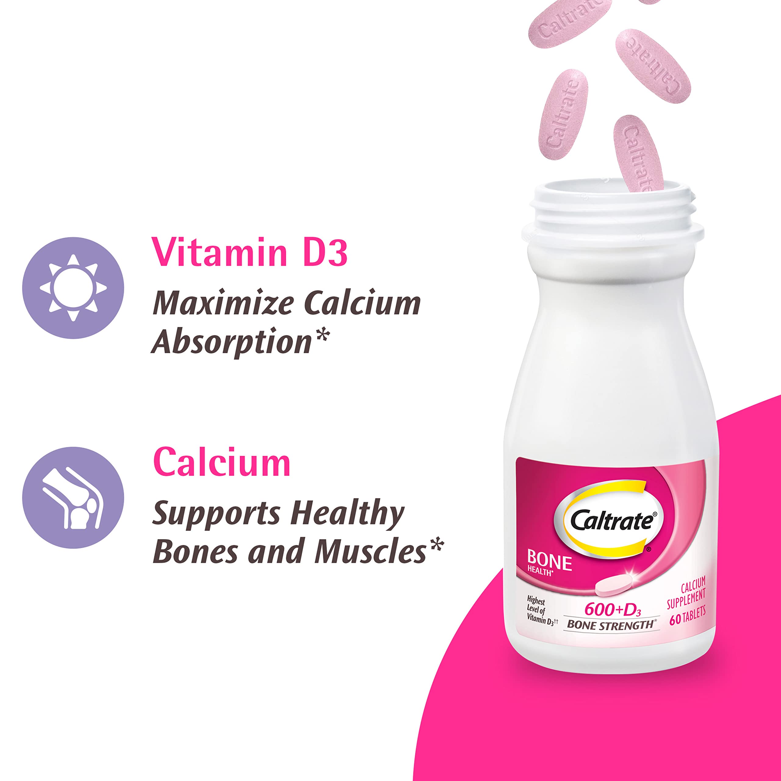 Caltrate 600 Plus D3 daily dosage closeup showing 600 mg calcium.