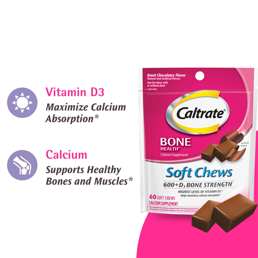 Caltrate 600+D3 Soft Chews bottle on shelf highlighting packaging