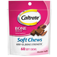 Caltrate 600+D3 Soft Chews chocolate truffle bottle for easy, daily calcium