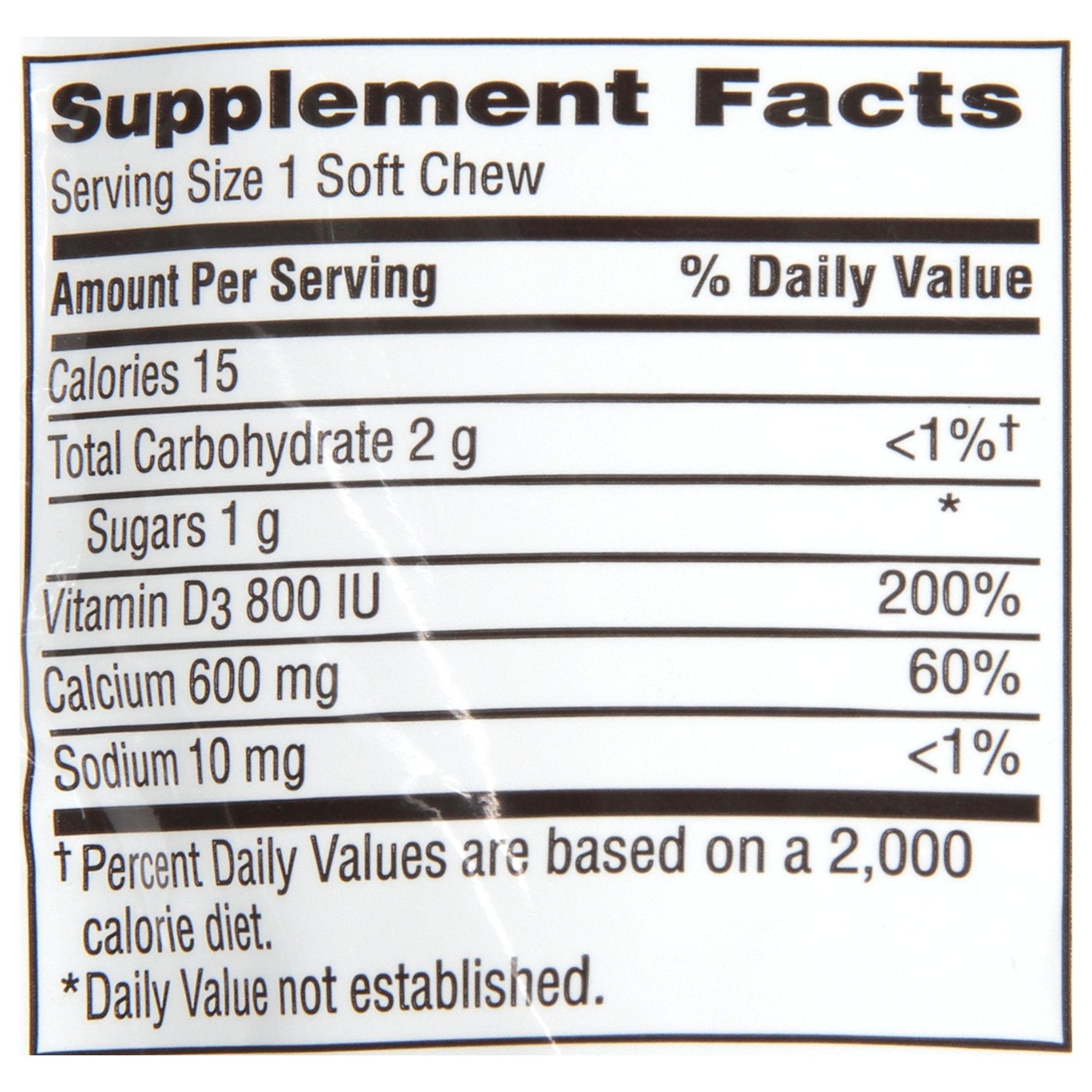 Caltrate 600+D3 Soft Chews nutrition label visible on pack