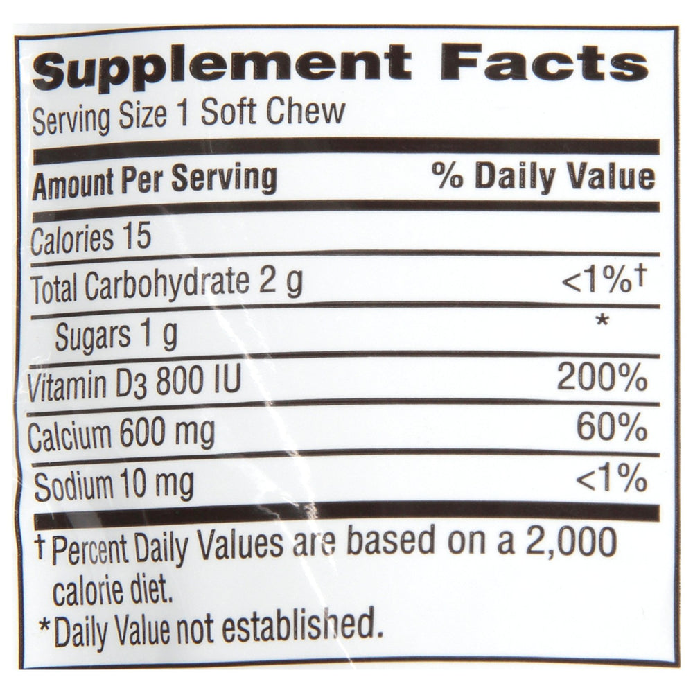 Caltrate 600+D3 Soft Chews nutrition label visible on pack