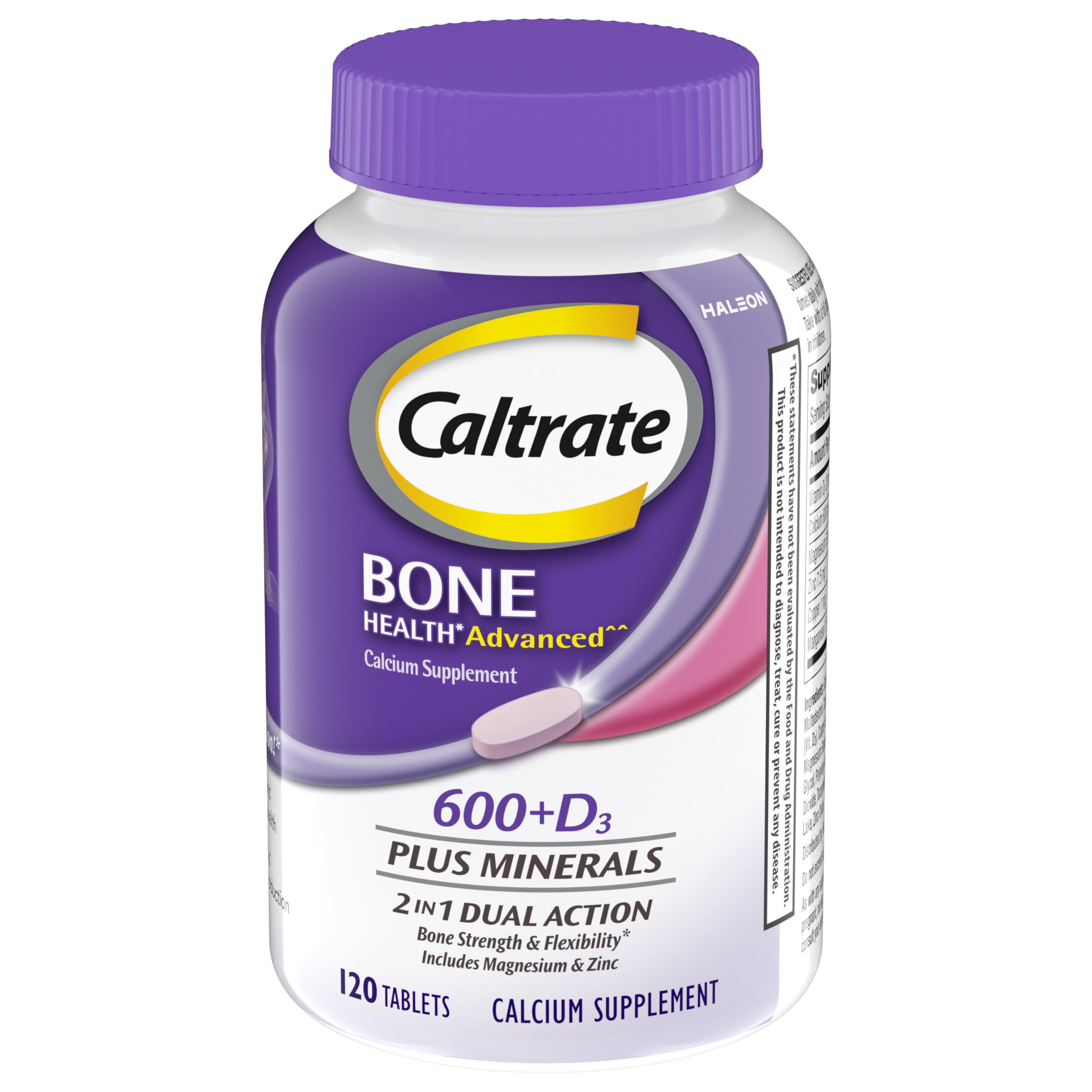 Caltrate bottle front showing 120-count packaging for daily bone support