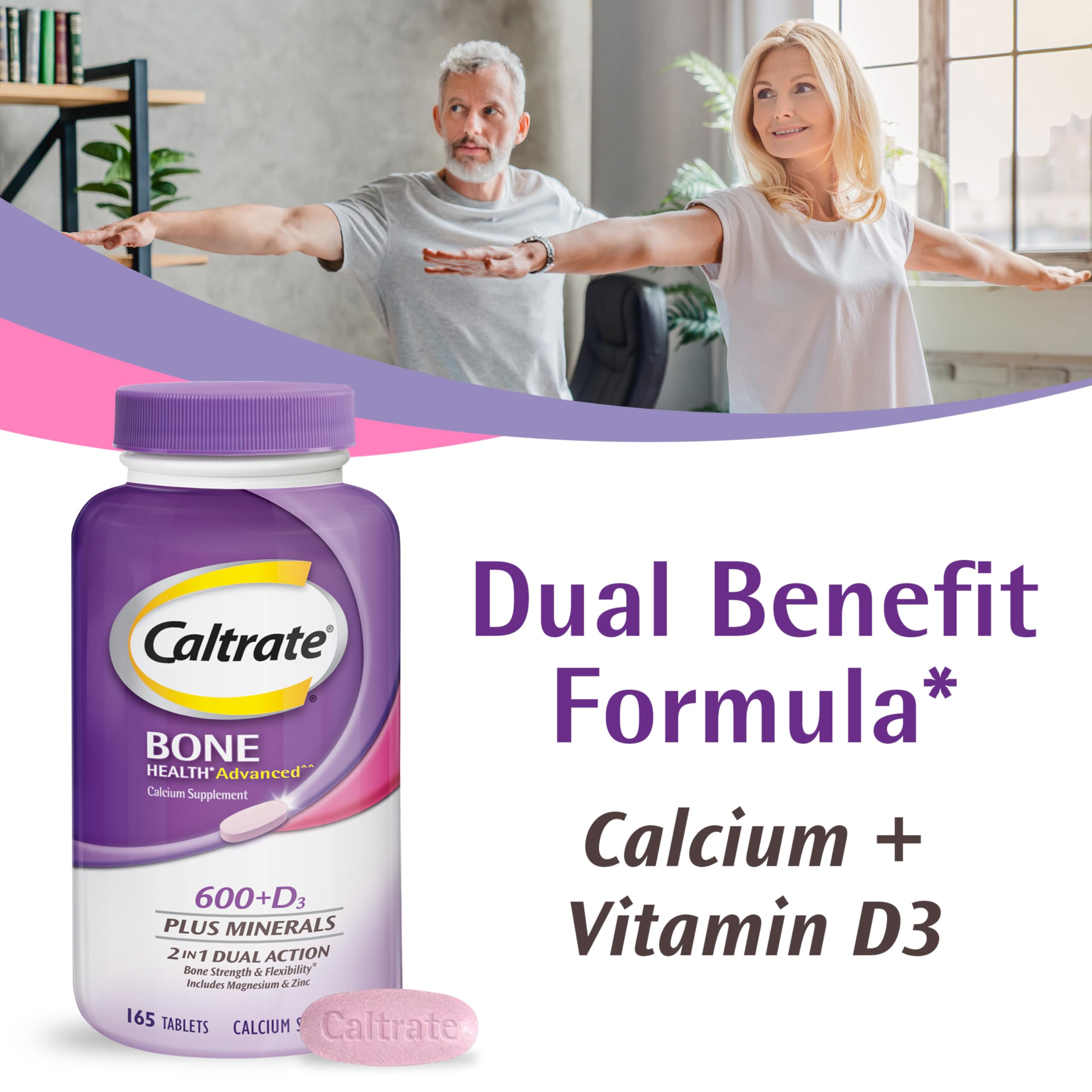 Caltrate bottle side label highlights calcium, D3, and minerals for flexibility