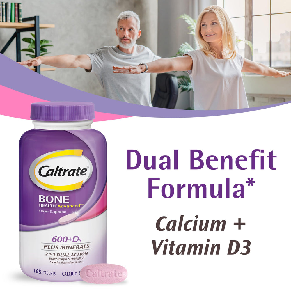 Caltrate bottle side label highlights calcium, D3, and minerals for flexibility