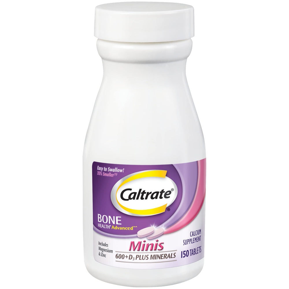 Caltrate Minis tablet close-up showing compact, easy-to-swallow design.