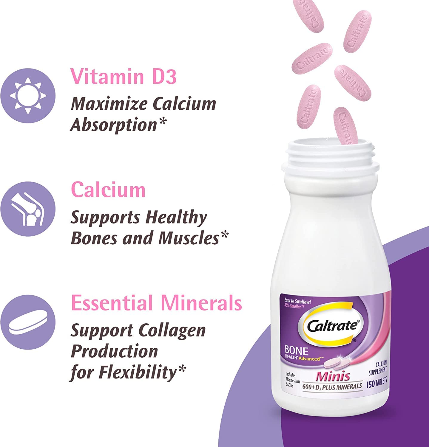 Caltrate Minis Tablets Size Comparison — 35% smaller than leading calcium pills.