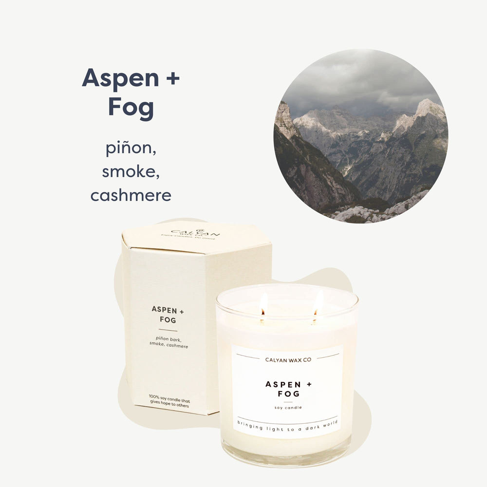 Calyan Aspen & Fog glass jar close-up shows clean burn with soy wax.