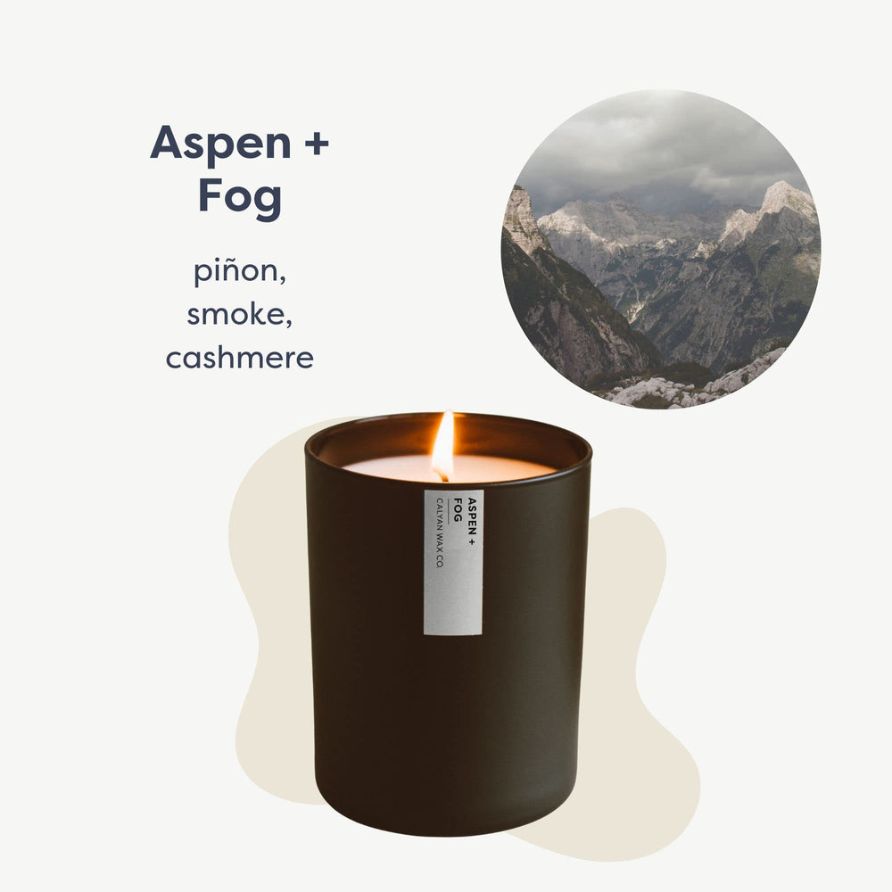 Aspen & Fog soy wax candle from Calyan Wax Co. for a clean, long-lasting burn.