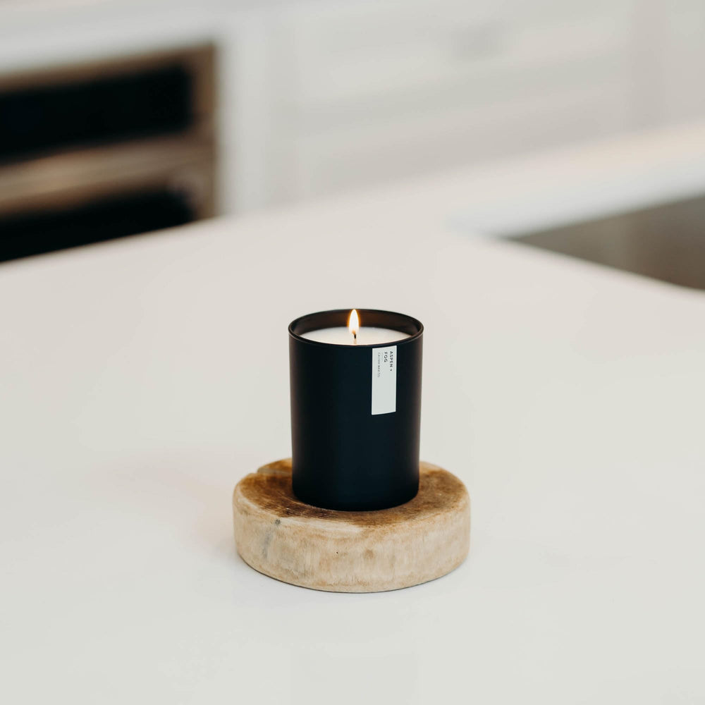 Calyan Aspen & Fog vegan, cruelty-free candle with paraffin-free formula.