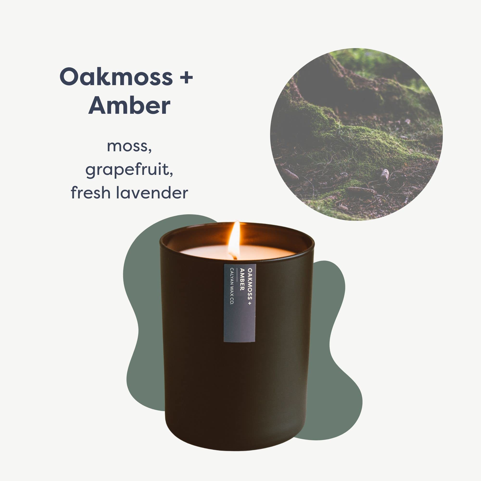 Calyan Wax Co. Oakmoss & Amber candle in tumbler enhances space with long-lasting scent.