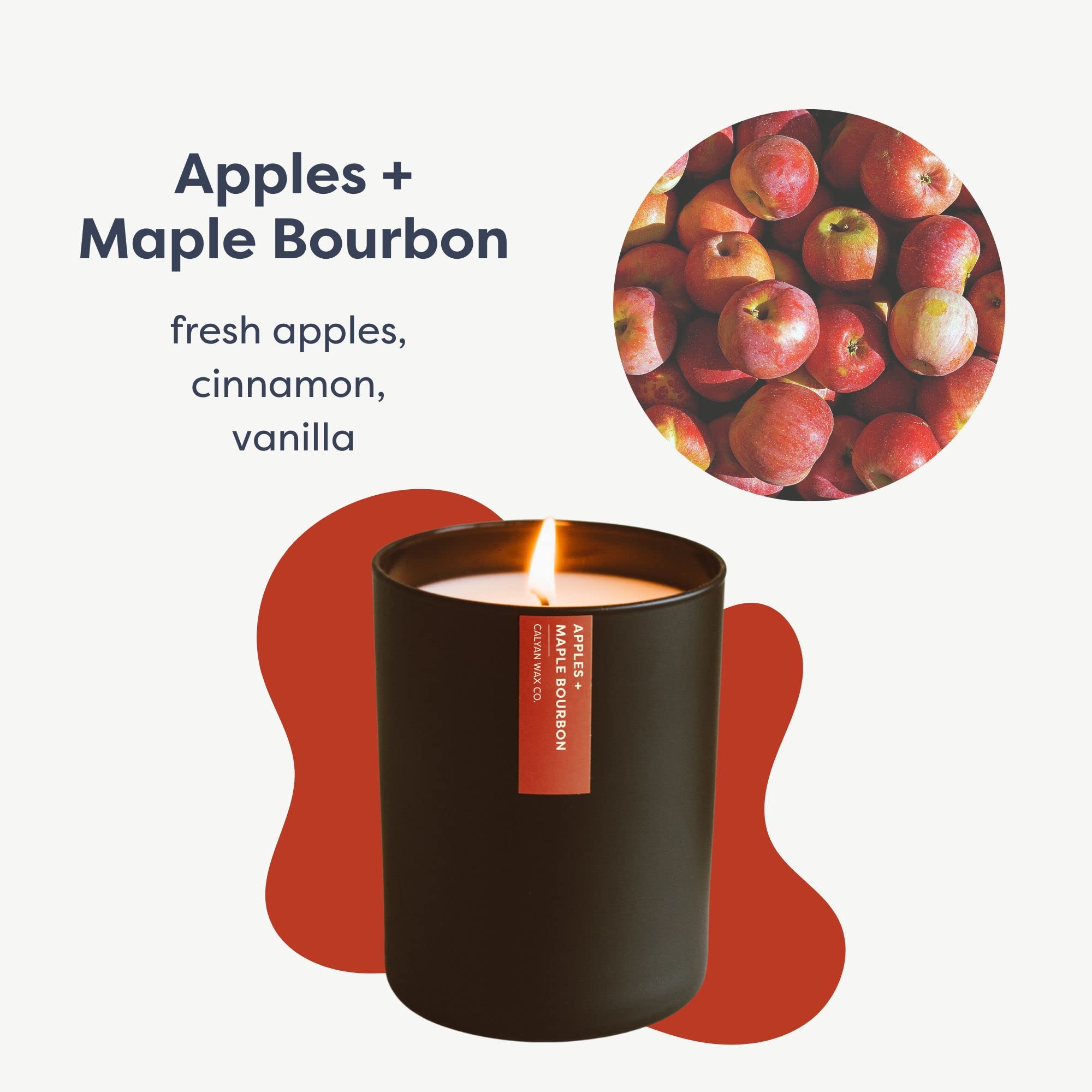 Close-up of Calyan Wax Co. Apples and Maple Bourbon candle with label detail.