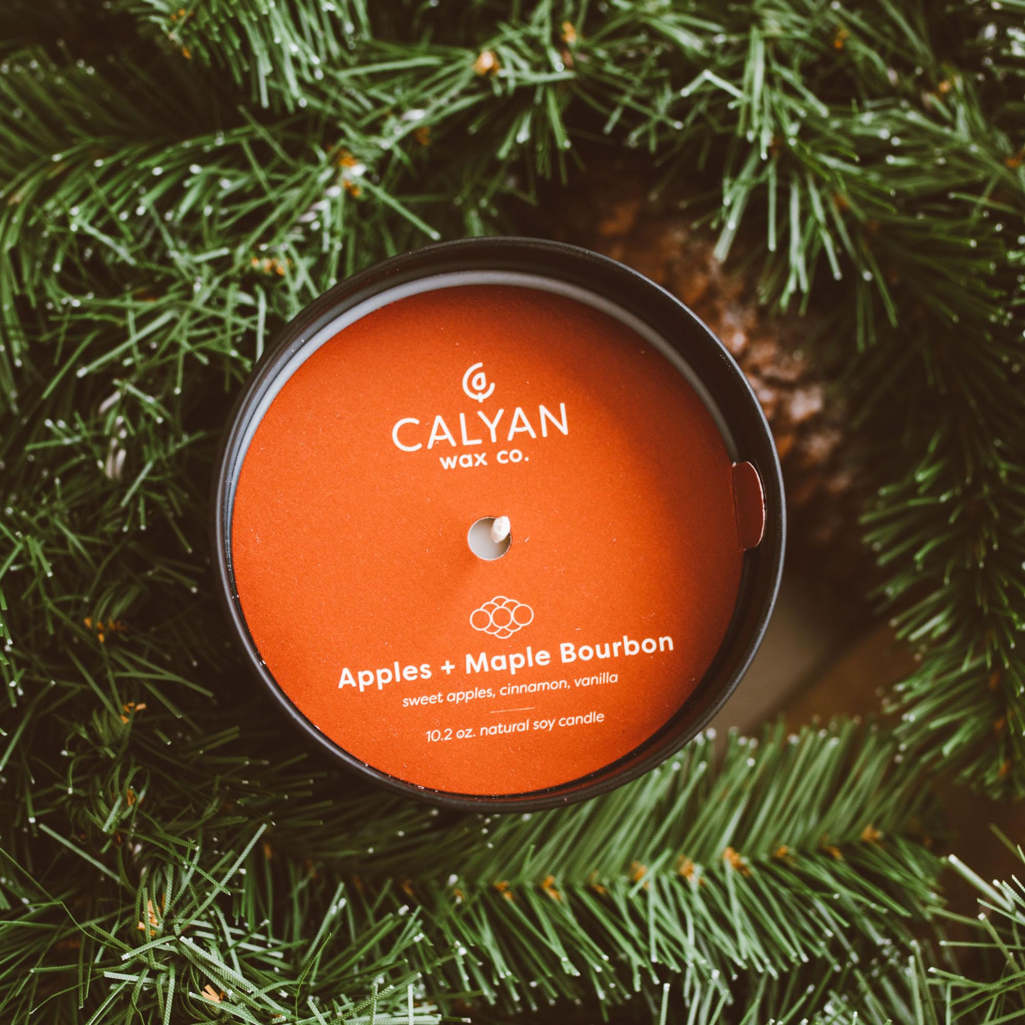 Calyan Wax Co. Apples and Maple Bourbon candle pictured beside a gift-ready box.