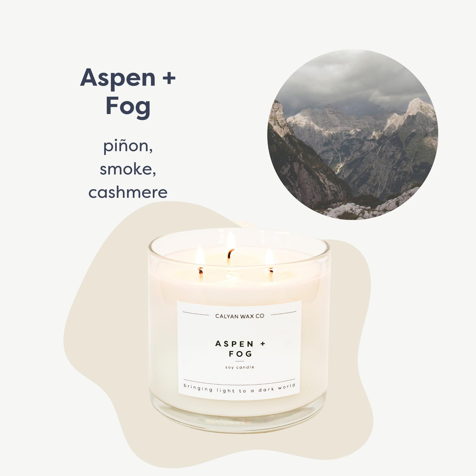 Calyan Wax Co. Aspen and Fog 3 Wick candle, side view highlighting the jar design