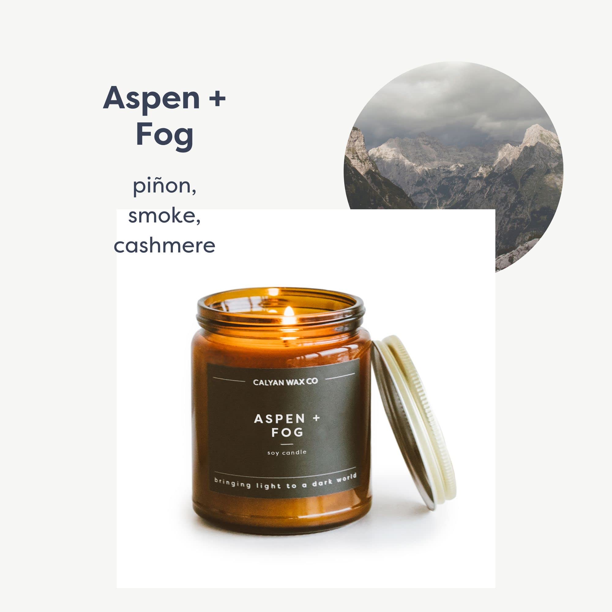 Aspen & Fog candle in amber jar side view enhances decor with warm glow
