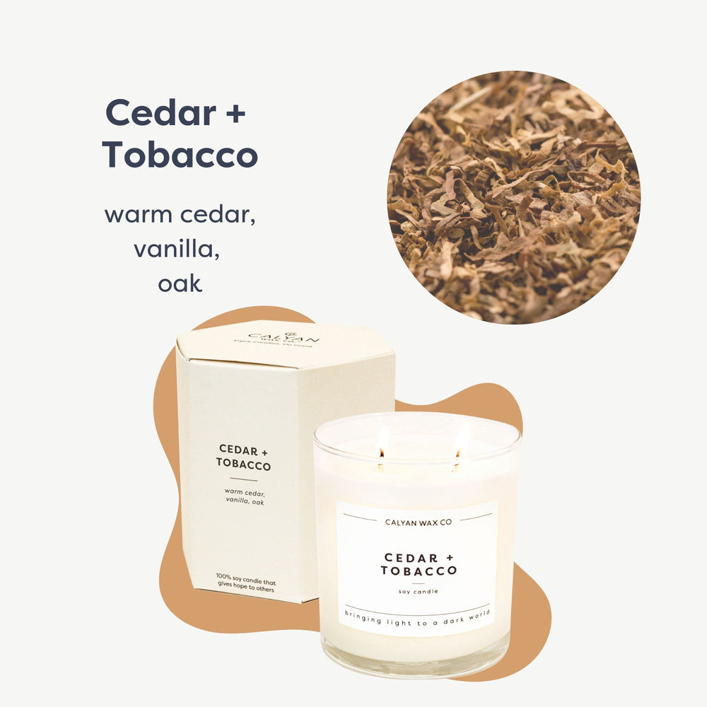 Calyan Wax Co. Cedar and Tobacco 2 Wick Candle label with premium design