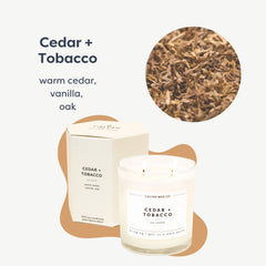 Calyan Wax Co. Cedar and Tobacco 2 Wick Candle label with premium design