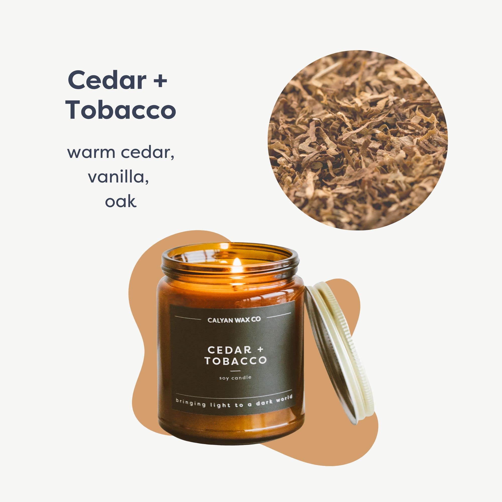 Calyan Wax Co. Cedar & Tobacco amber jar lit for warm ambience