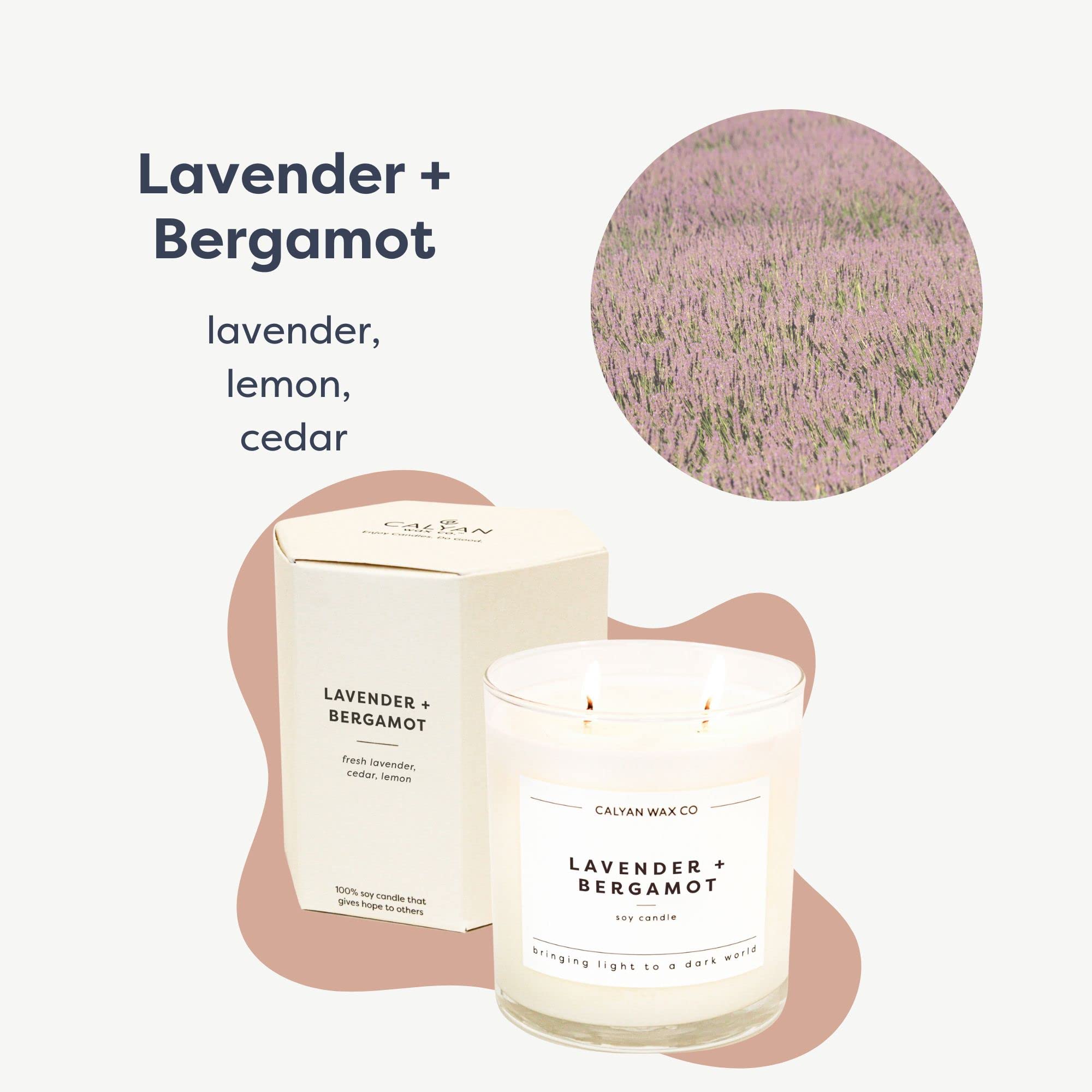 Calyan Wax Co. close-up showing lavender-bergamot fragrance.