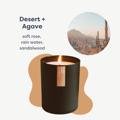 Calyan Wax Co. Desert & Agave candle lit glow for cozy ambiance.