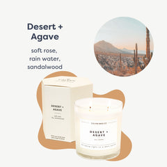 Calyan Wax Co Desert Agave label close-up highlights premium soy and clean burn.