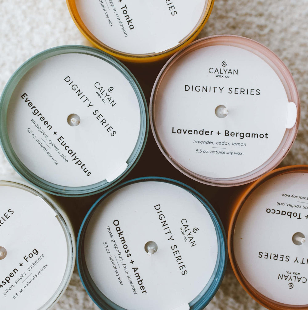 Calyan Wax Co. Dignity Vetiver & Tonka creates a refined atmosphere in a cozy corner.