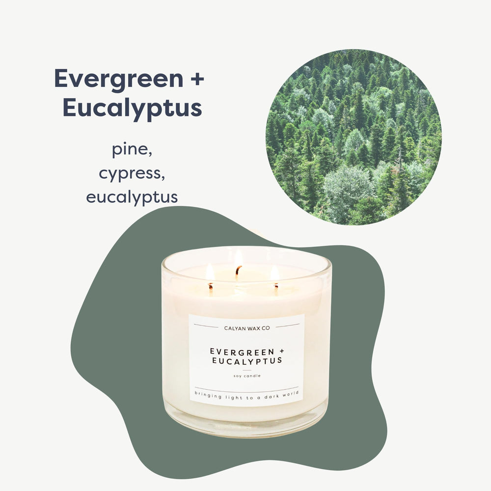 Calyan Wax Co. Evergreen and Eucalyptus 3 Wick label closeup premium soy and clean burn