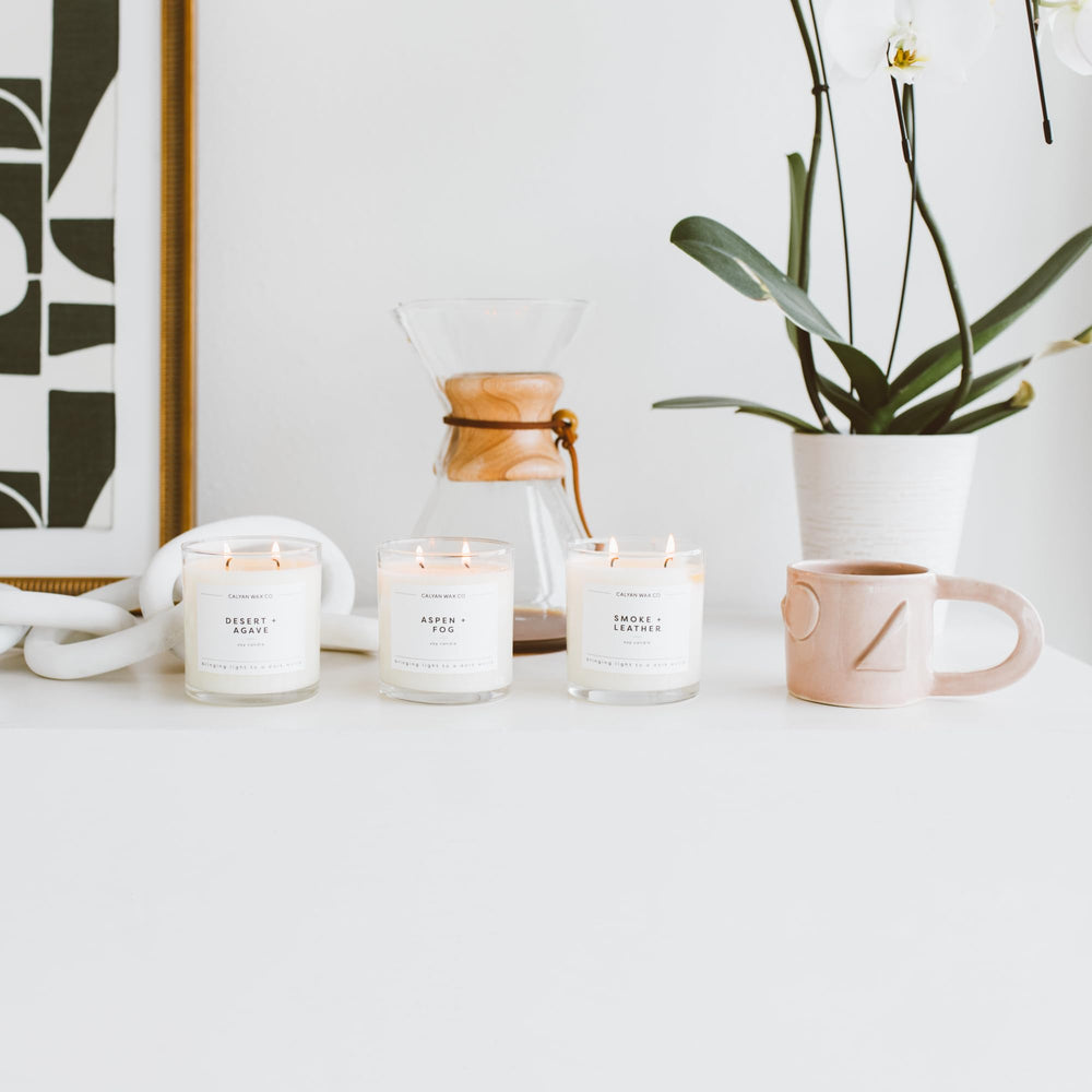 Calyan Wax Co. large glass jar design suited for living spaces.