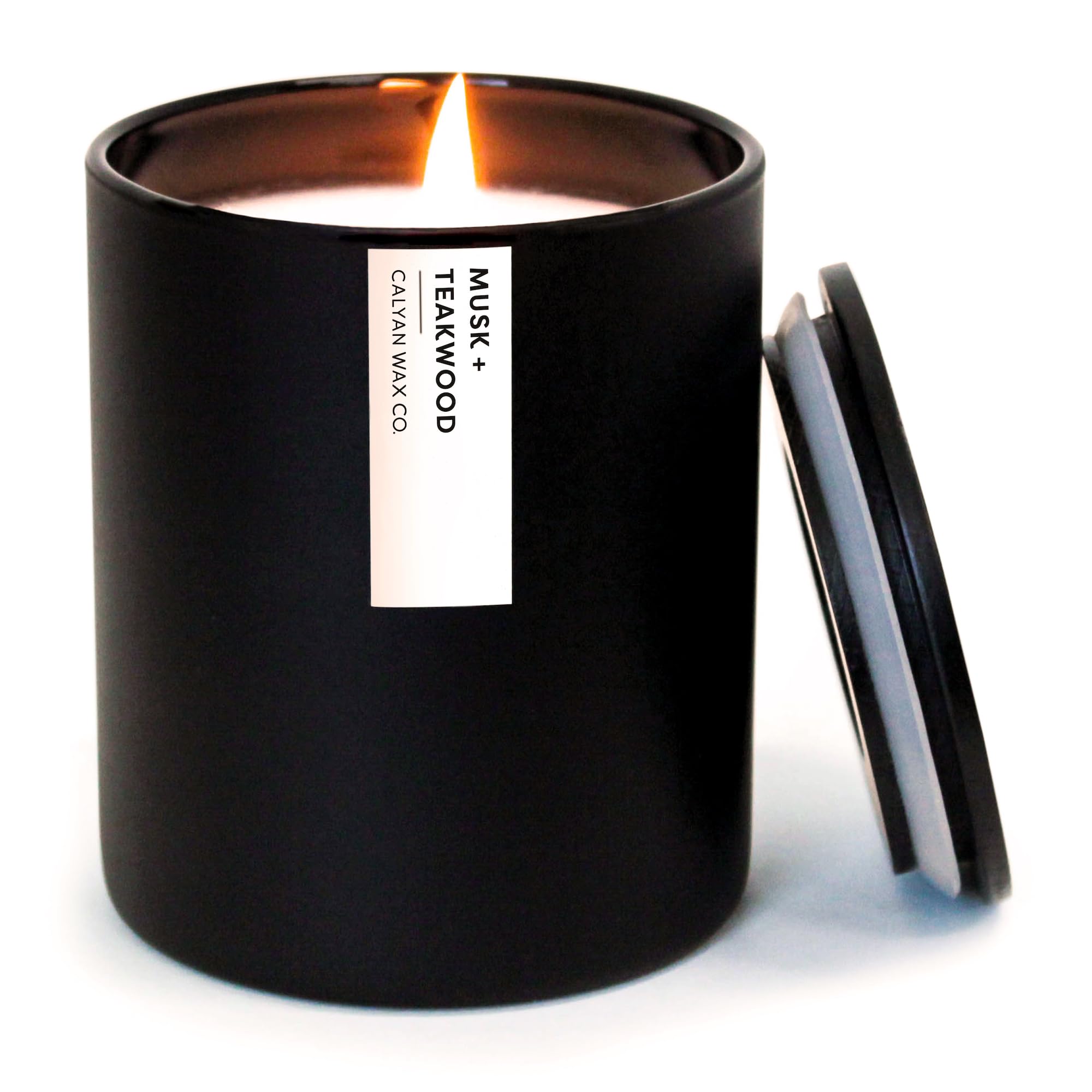 Calyan Wax Co. musk-teakwood candle closeup highlighting luxurious aroma