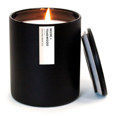 Calyan Wax Co. musk-teakwood candle closeup highlighting luxurious aroma
