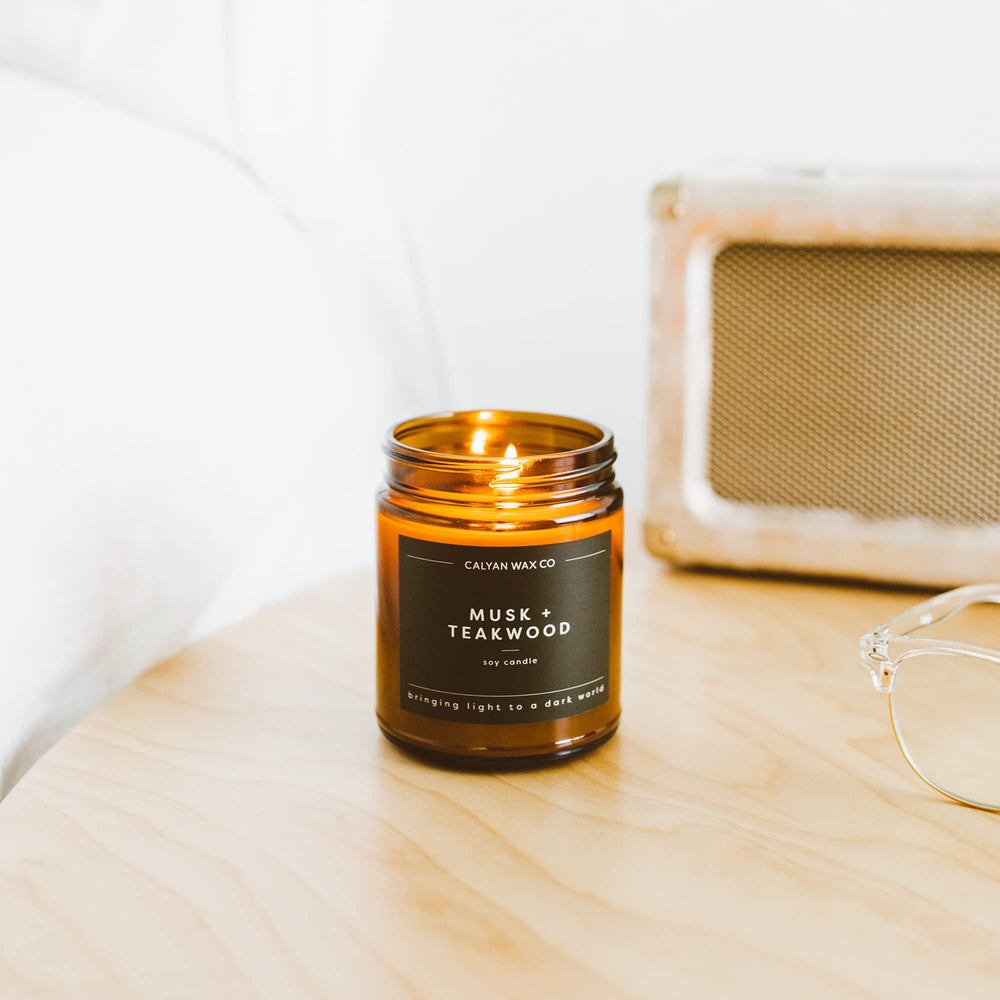 Calyan Wax Co Musk & Teakwood soy wax collection emphasizes clean burning evenings
